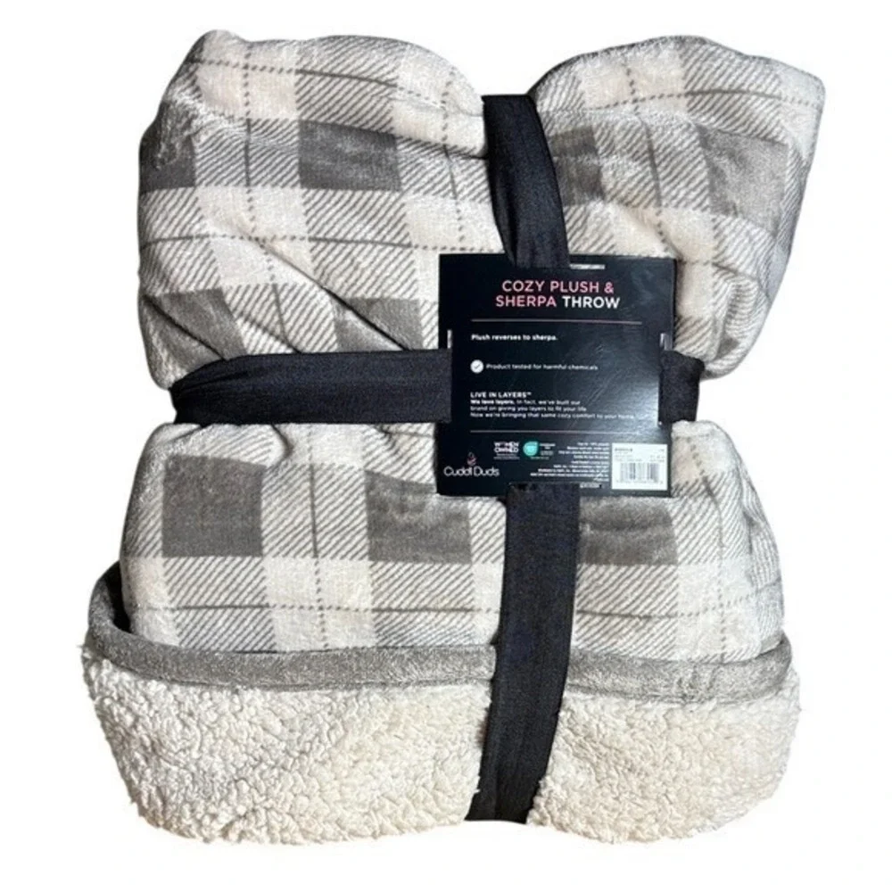 Cuddl Duds Cozy Plush Sherpa Throw Blanket Buffalo Gray Plaid 50
